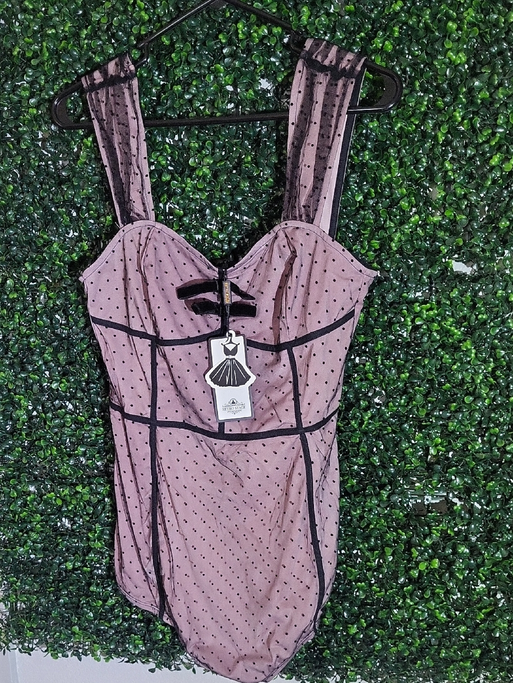 Retro Stage Mauve Polka Dot Corset One-Piece with Black Trim